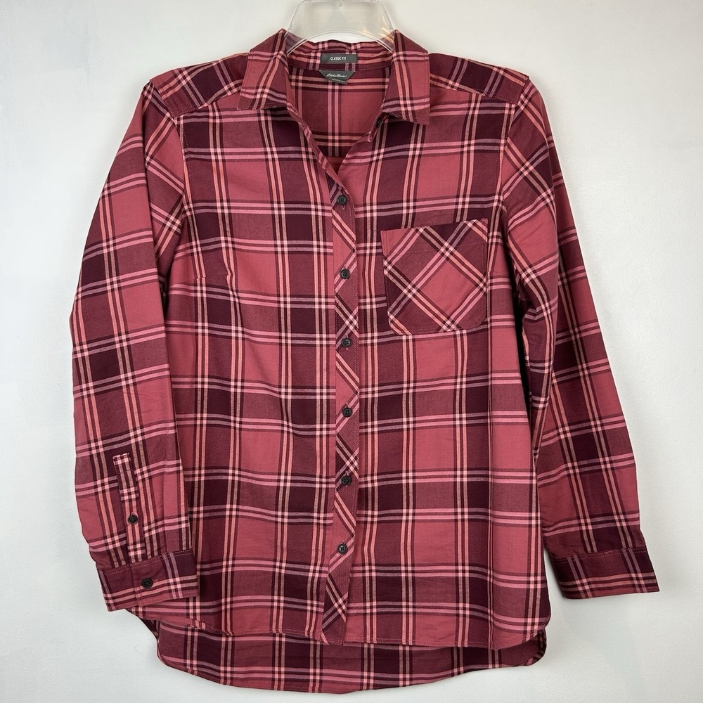 Eddie Bauer Flannel Top Womens L Classic Fit Plaid Pink Button Up Casual Fall